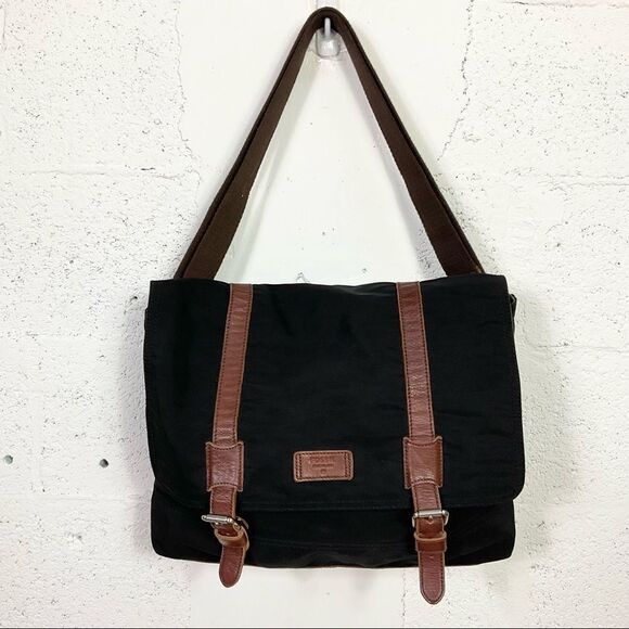 Fossil Canyon Black Brown Foldover Flap Messenger Computer Shoulder Bag - Picture 3 of 11